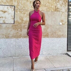ZARA BNWT PINK LACE HALTER DRESS SZ XS